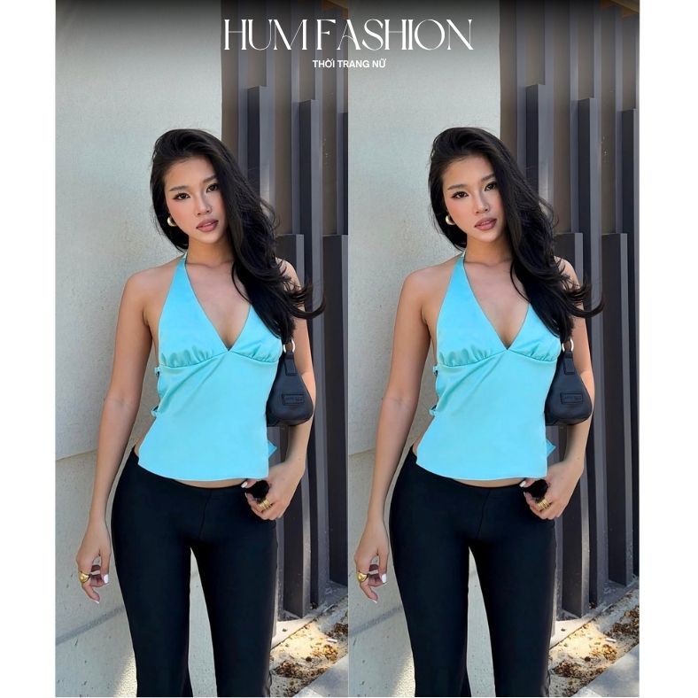 Áo yếm lụa hở lưng cột cổ kèm dây choàng, áo 2 dây lụa cổ yếm ôm body sexy sang chảnh Hum Fashion