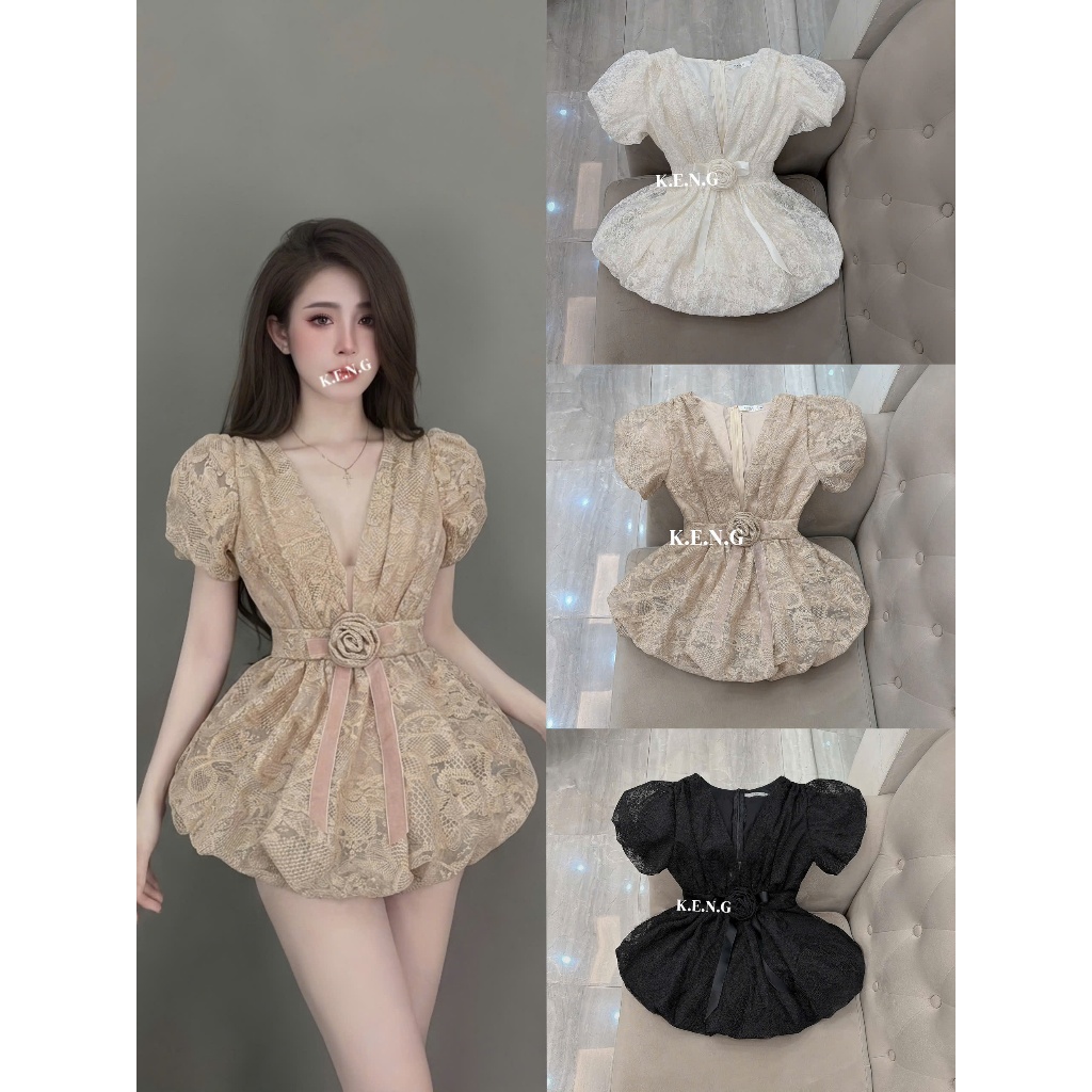 Đầm ren nữ tay bồng phối hoa dáng ngắn có lớp lót , đầm đi chơi đi tiệc sang chảnh