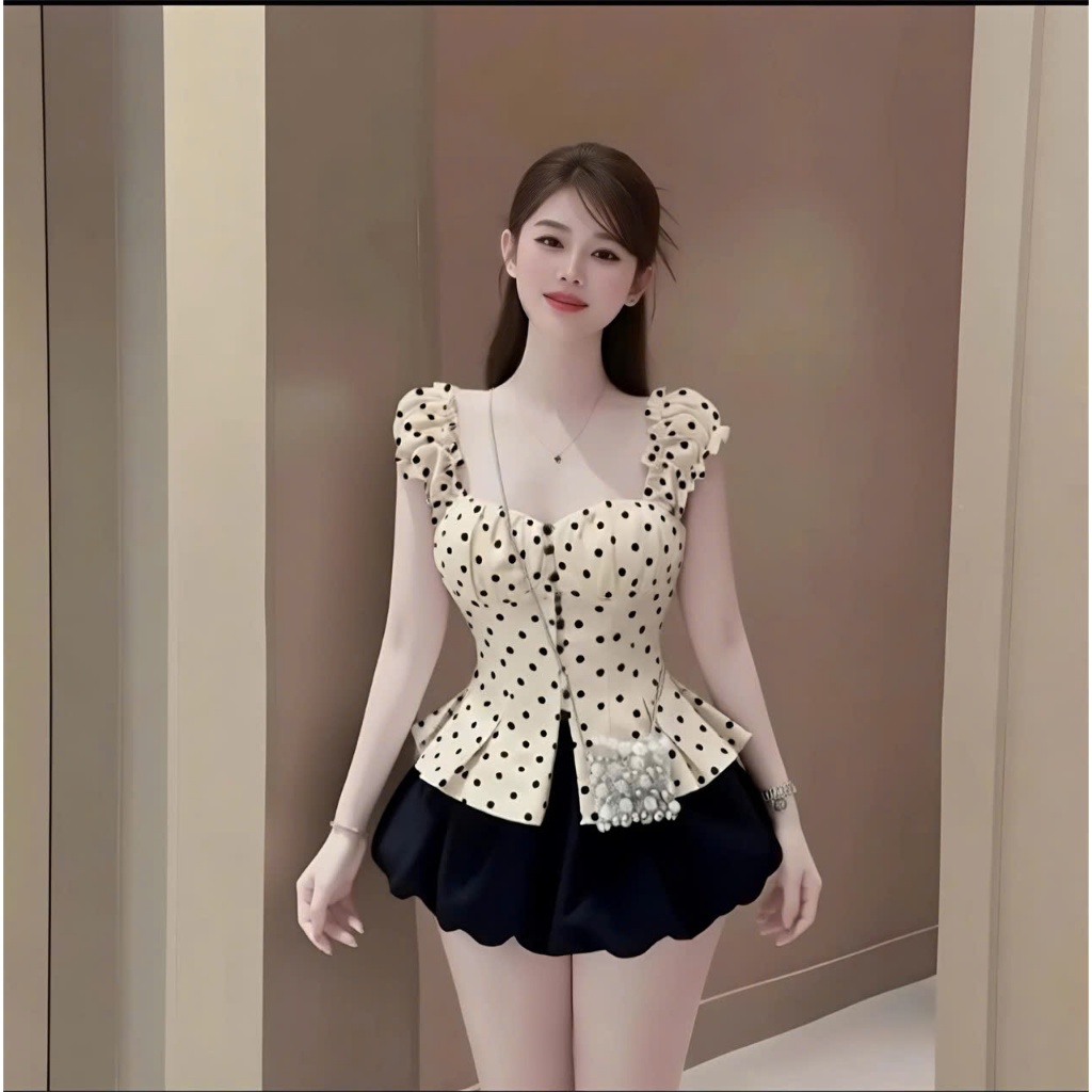 Set áo babydoll cánh tiên kèm chân váy bí, set áo chấm bi cúp ngực xinh đi chơi dễ thương Hum Fashion