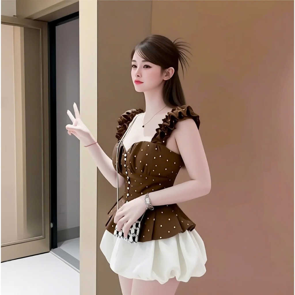 Set áo babydoll cánh tiên kèm chân váy bí, set áo chấm bi cúp ngực xinh đi chơi dễ thương Hum Fashion