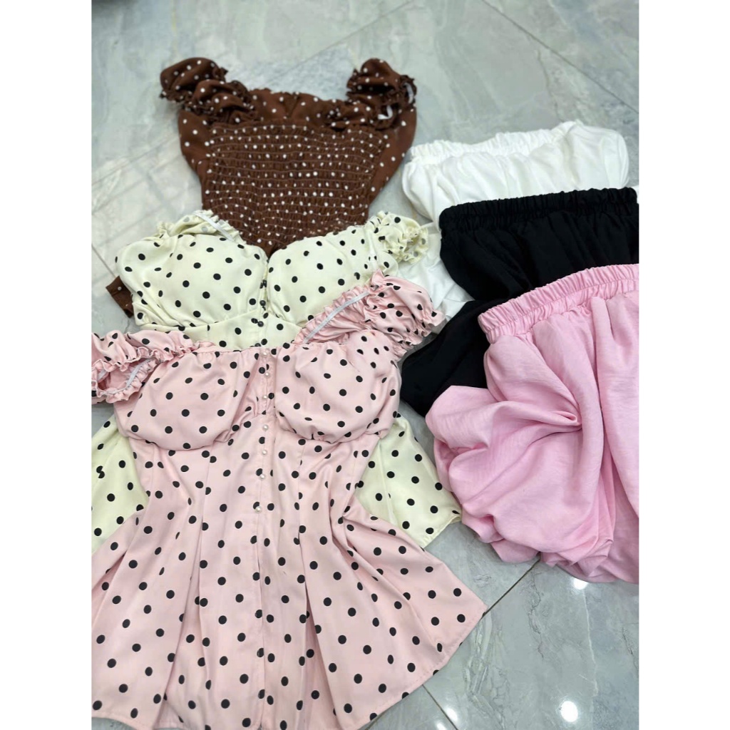 Set áo babydoll cánh tiên kèm chân váy bí, set áo chấm bi cúp ngực xinh đi chơi dễ thương Hum Fashion