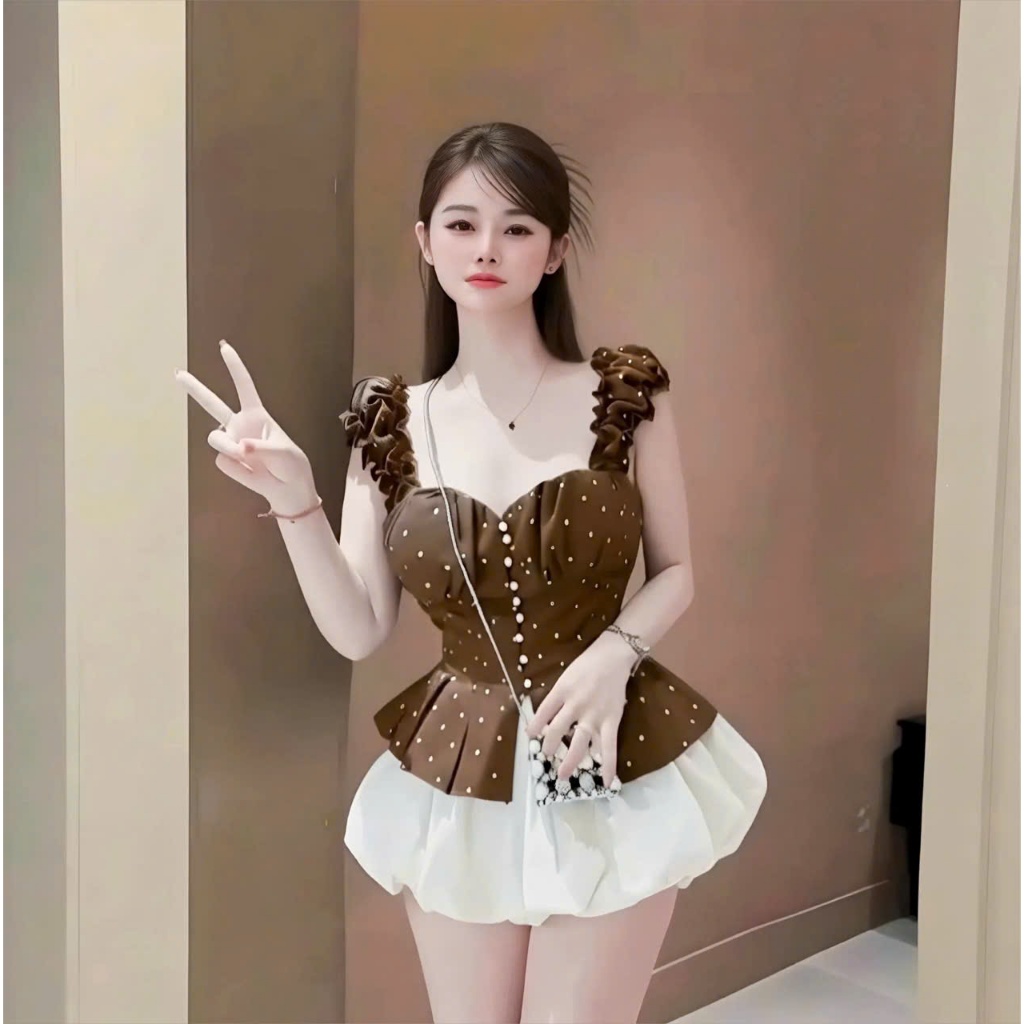 Set áo babydoll cánh tiên kèm chân váy bí, set áo chấm bi cúp ngực xinh đi chơi dễ thương Hum Fashion