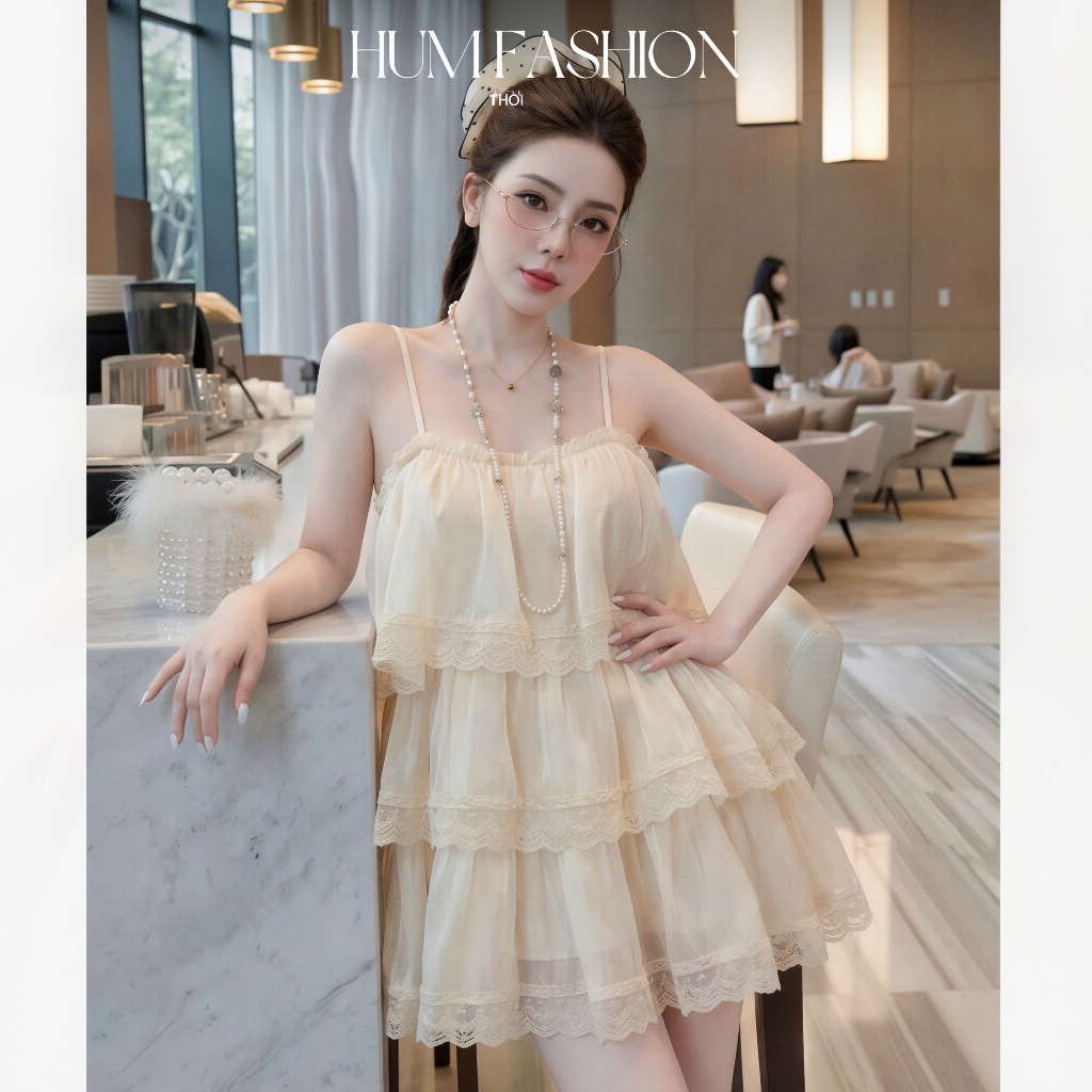 Váy 2 dây tầng voan tơ phối ren, đầm hai dây xòe tầng dáng xòe babydoll tiểu thư sang chảnh Hum Fashion