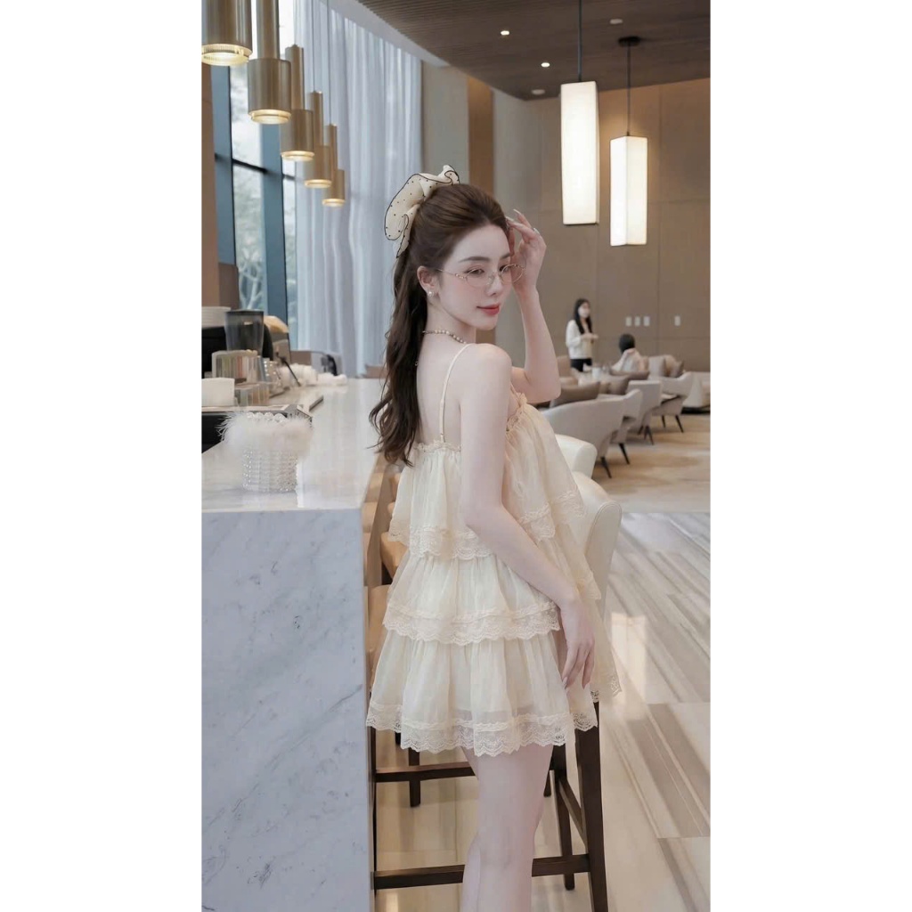 Váy 2 dây tầng voan tơ phối ren, đầm hai dây xòe tầng dáng xòe babydoll tiểu thư sang chảnh Hum Fashion