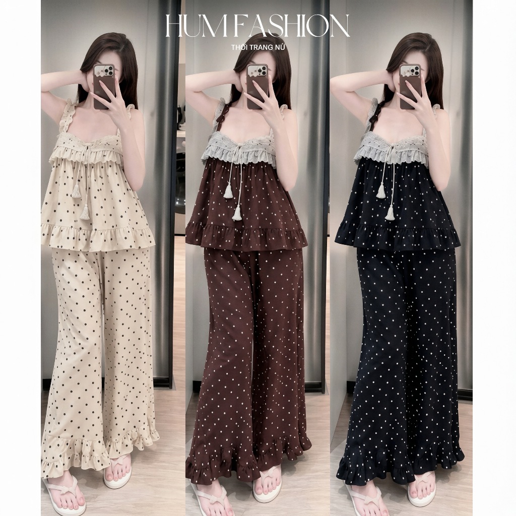 Set bộ 2 dây mặc nhà chấm bi phối ren nơ, set đồ ngủ 2 dây lụa chấm bi quần dài ống rộng bèo gấu Hum Fashion