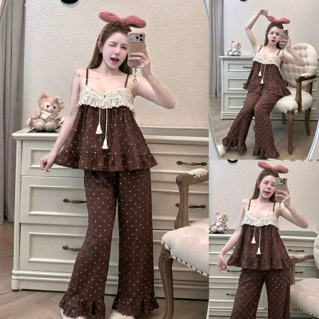 Set bộ 2 dây mặc nhà chấm bi phối ren nơ, set đồ ngủ 2 dây lụa chấm bi quần dài ống rộng bèo gấu Hum Fashion