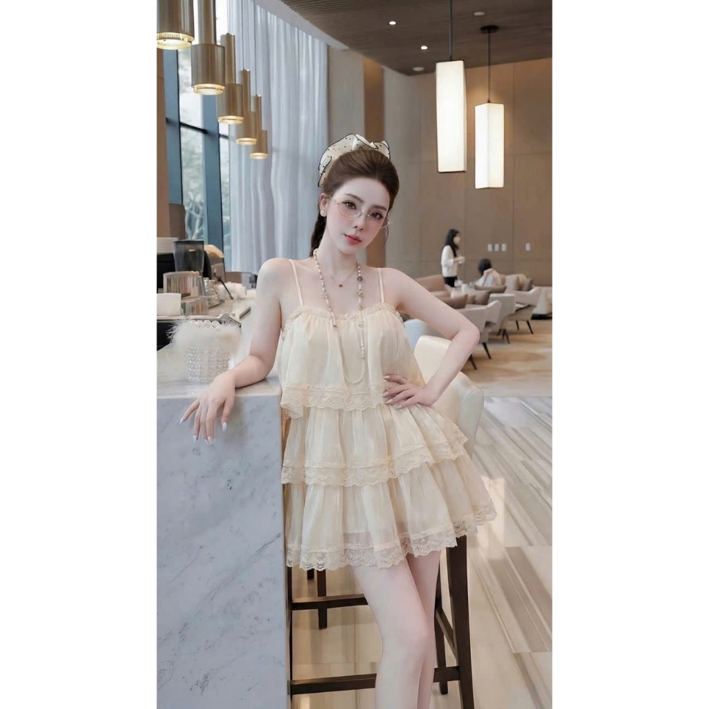Đầm 2 dây nữ nhiều tầng phối ren, váy nữ sang chảnh công chúa đi chơi đi biển