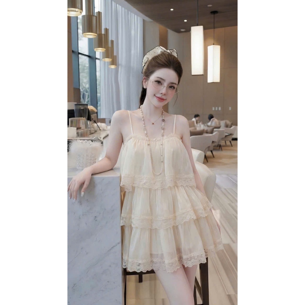 Đầm 2 dây nữ nhiều tầng phối ren, váy nữ sang chảnh công chúa đi chơi đi biển