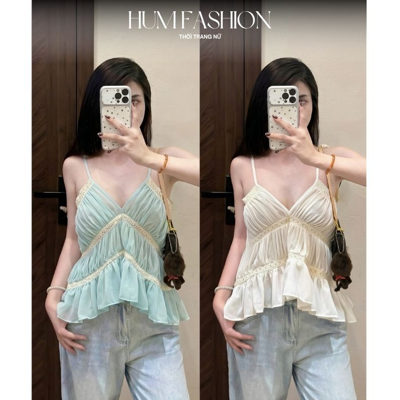 Áo 2 dây nhún phối ren cổ V mảnh xếp tầng bèo nhún dáng đuôi tôm xinh xắn Hum Fashion