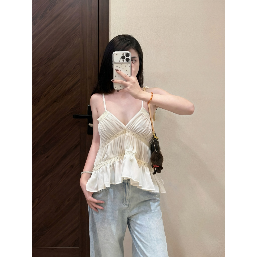 Áo 2 dây nhún phối ren cổ V, 2 dây mảnh xếp tầng bèo nhún dáng đuôi tôm xinh xắn Hum Fashion