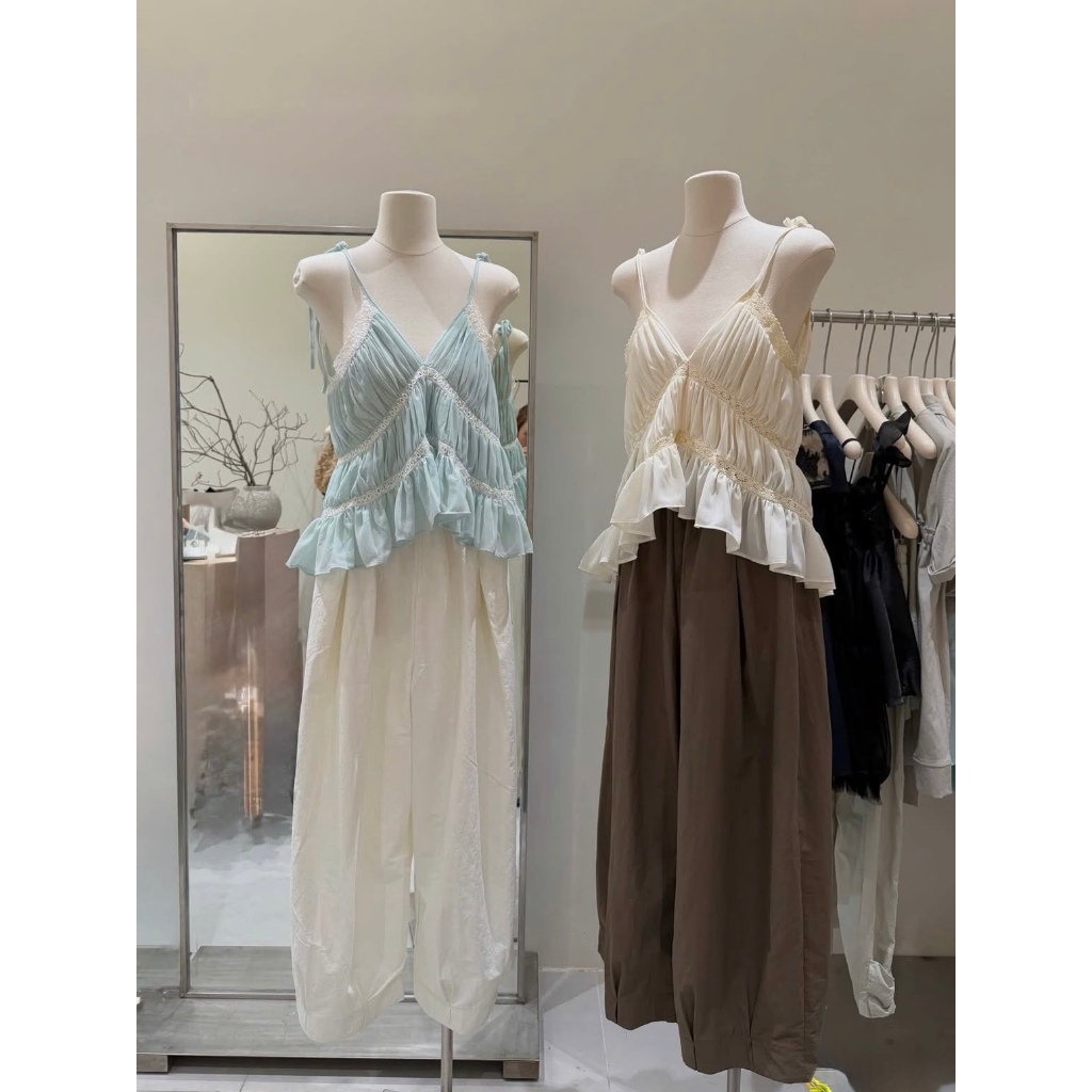 Áo 2 dây nhún phối ren cổ V, 2 dây mảnh xếp tầng bèo nhún dáng đuôi tôm xinh xắn Hum Fashion