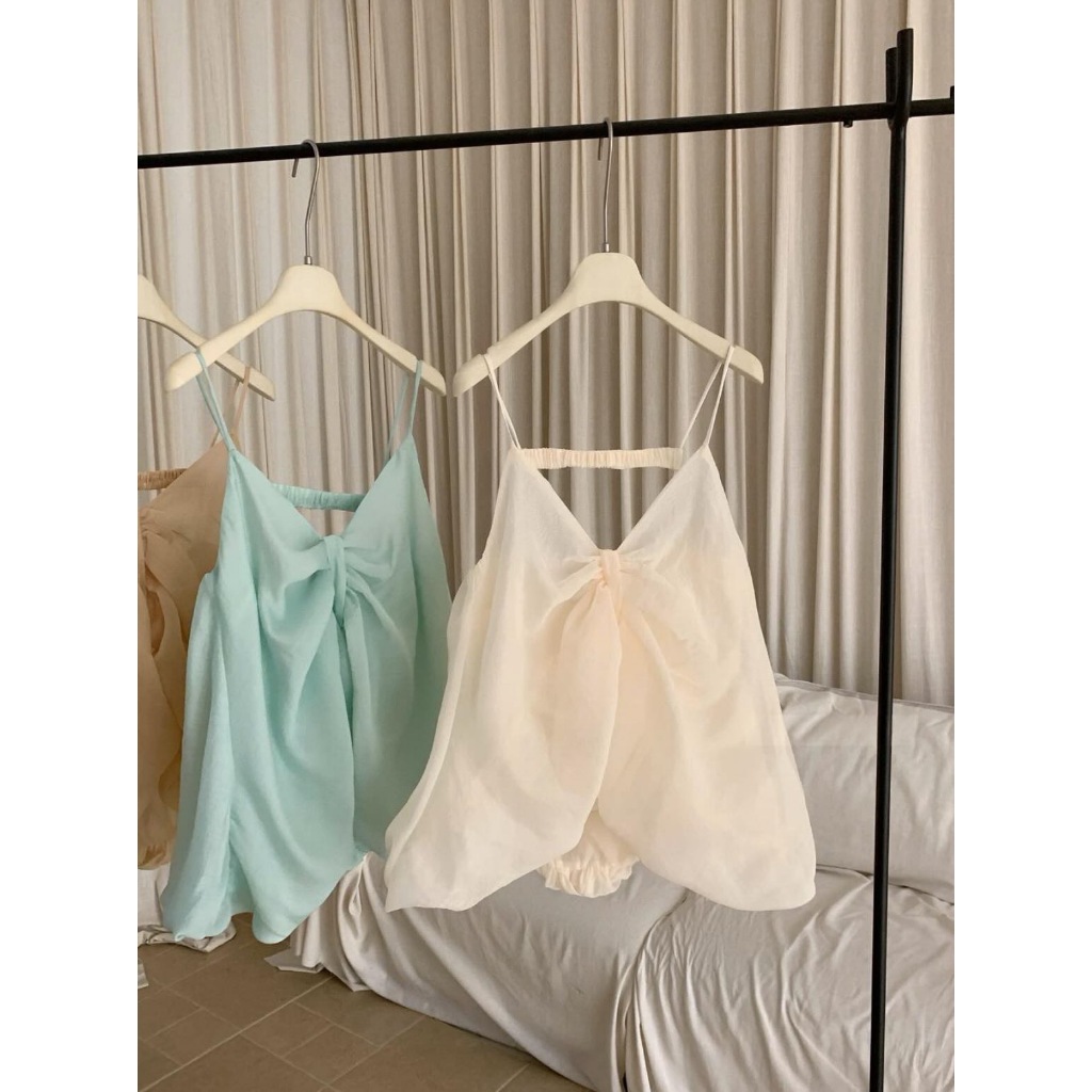 Áo 2 dây thắt nơ dáng bí màu xanh tiffany, áo hai dây voan tơ dáng bí ngô tiểu thư sang chảnh Hum Fashion
