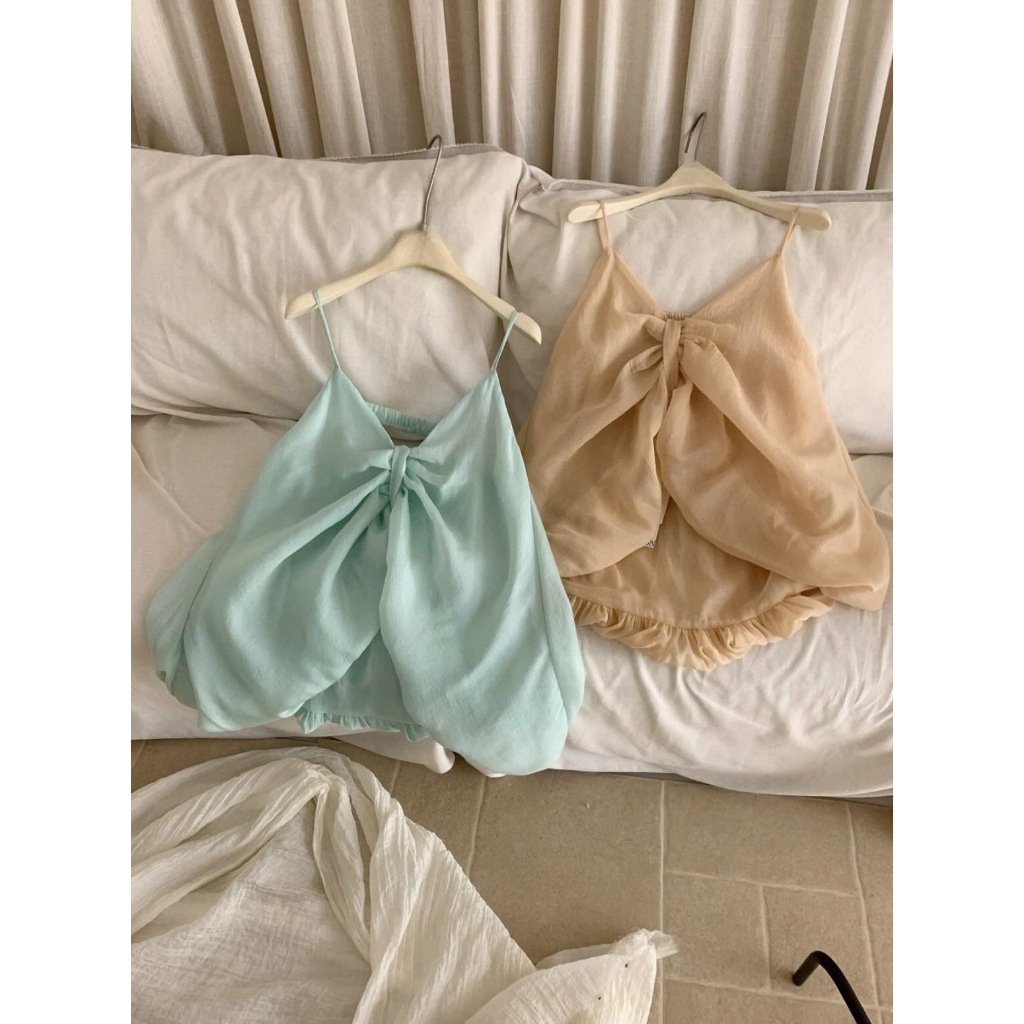 Áo 2 dây thắt nơ dáng bí màu xanh tiffany, áo hai dây voan tơ dáng bí ngô tiểu thư sang chảnh Hum Fashion