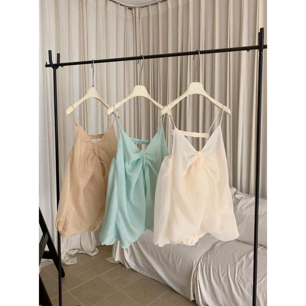 Áo 2 dây thắt nơ dáng bí màu xanh tiffany, áo hai dây voan tơ dáng bí ngô tiểu thư sang chảnh Hum Fashion