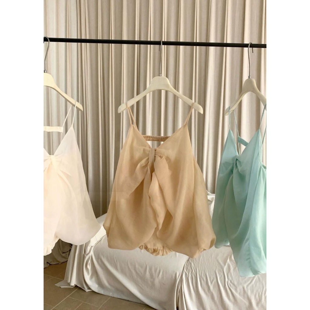 Áo 2 dây thắt nơ dáng bí màu xanh tiffany, áo hai dây voan tơ dáng bí ngô tiểu thư sang chảnh Hum Fashion