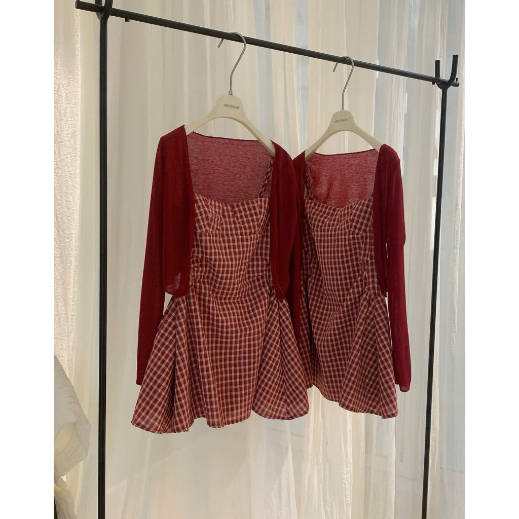 Set váy 2 dây caro đỏ dáng xòe kèm cardigan, set đầm hai dây kẻ caro đỏ phối áo khoác mỏng tiểu thư Hum Fashion