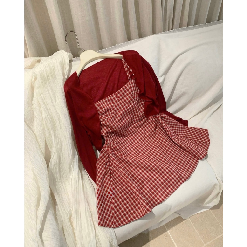Set váy 2 dây caro đỏ dáng xòe kèm cardigan, set đầm hai dây kẻ caro đỏ phối áo khoác mỏng tiểu thư Hum Fashion