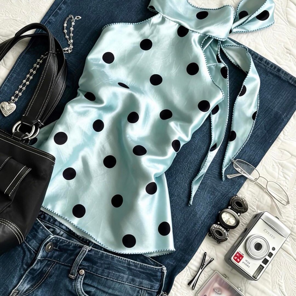 Áo sát nách chấm bi xanh ngọc buộc dây cổ, áo yếm lụa bóng họa tiết chấm bi sang chảnh Hum Fashion