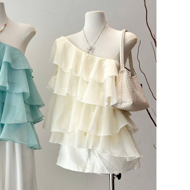 Áo lệch vai bèo tầng nhún xinh màu xanh tiffany blue hotrend Hum Fashion