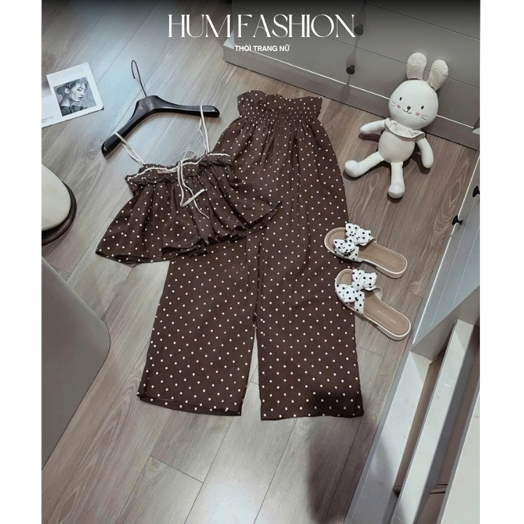 Set 2 dây dáng xoè chấm bi kèm quần suông, set bộ hai dây babydoll nhún ngực Hum Fashion