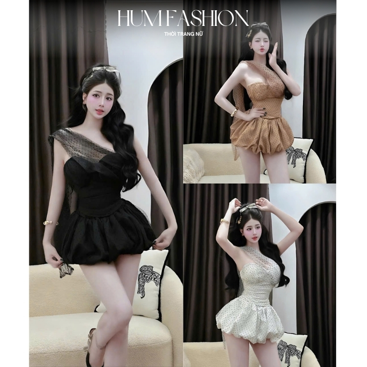 Set áo cúp ngực chéo vai mix chân váy bí phồng xinh xắn điệu đà Hum Fashion