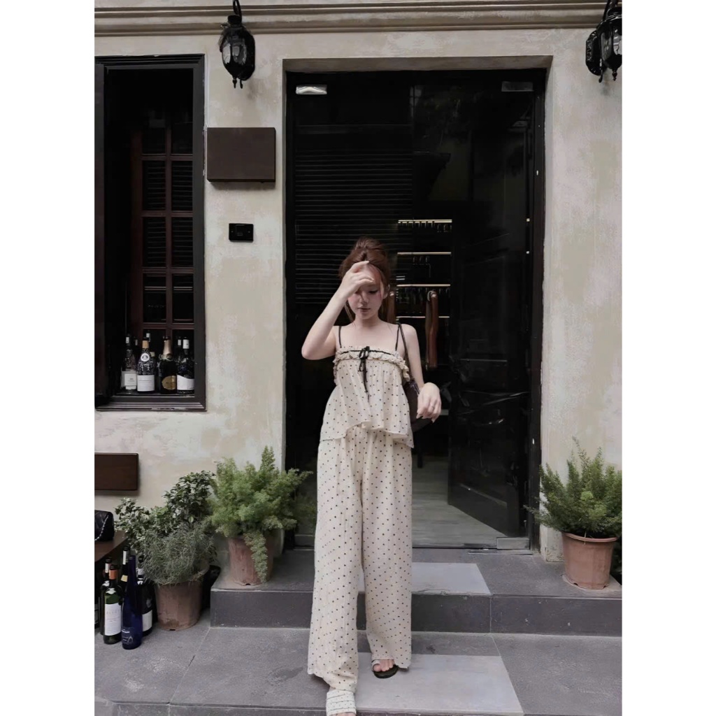 Set 2 dây dáng xoè chấm bi kèm quần suông, set bộ hai dây babydoll nhún ngực Hum Fashion