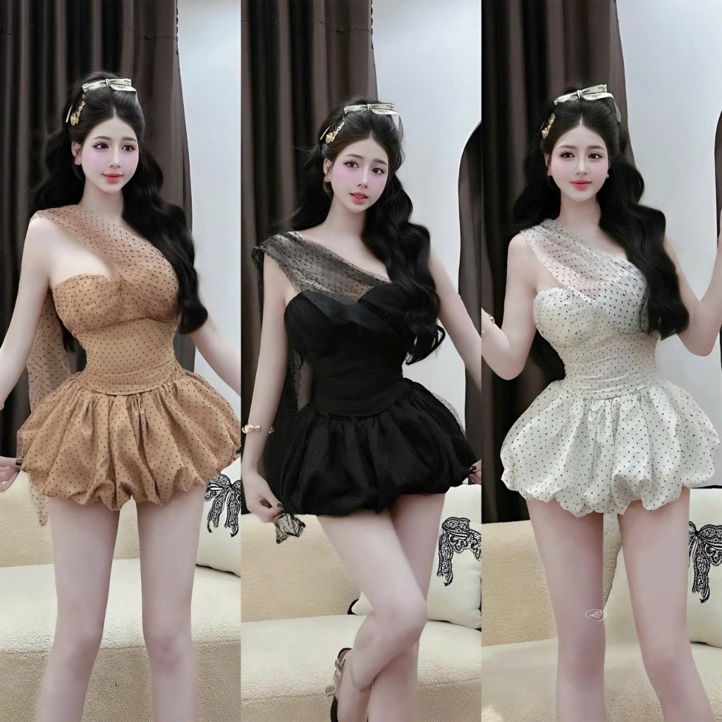 Váy cúp ngực chấm bi phối tơ vạt chéo, Đầm nữ tiểu thư sang chảnh bồng xoè
