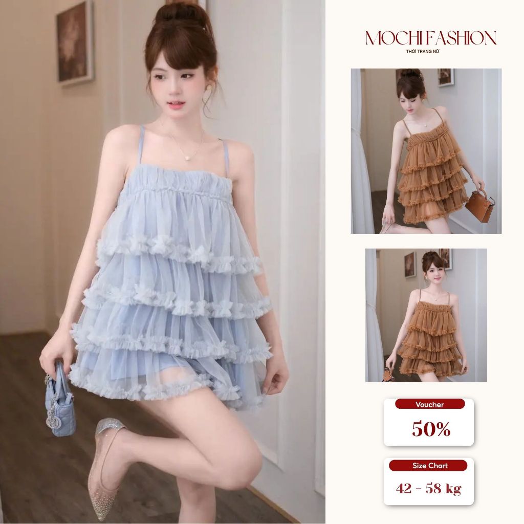 Đầm kiểu nữ 2 dây dáng ngắn, đầm nữ tầng bồng bềnh mặc đi biển đi chơi xinh xắn