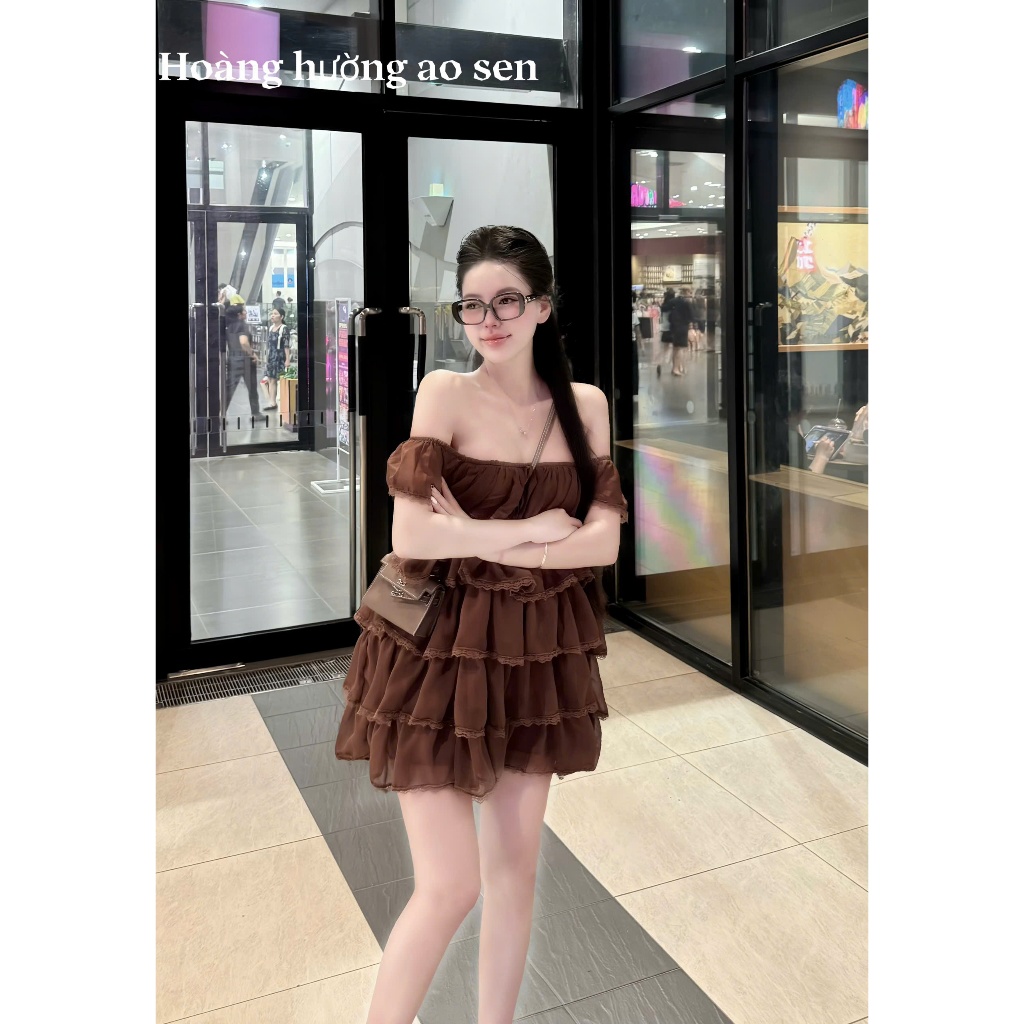 Váy nữ dáng ngắn trễ vai xinh xắn, váy nữ nhiều tầng đi chơi đi dạo phố