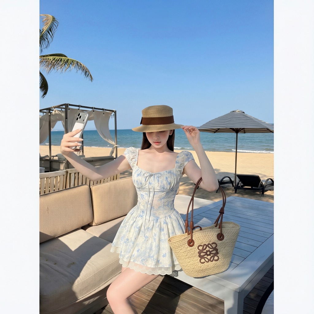 Đầm ngắn hoa xanh dáng xoè tay phồng, váy thêu hoa dáng ngắn bồng xoè chun lưng đi chơi HUM FASHION