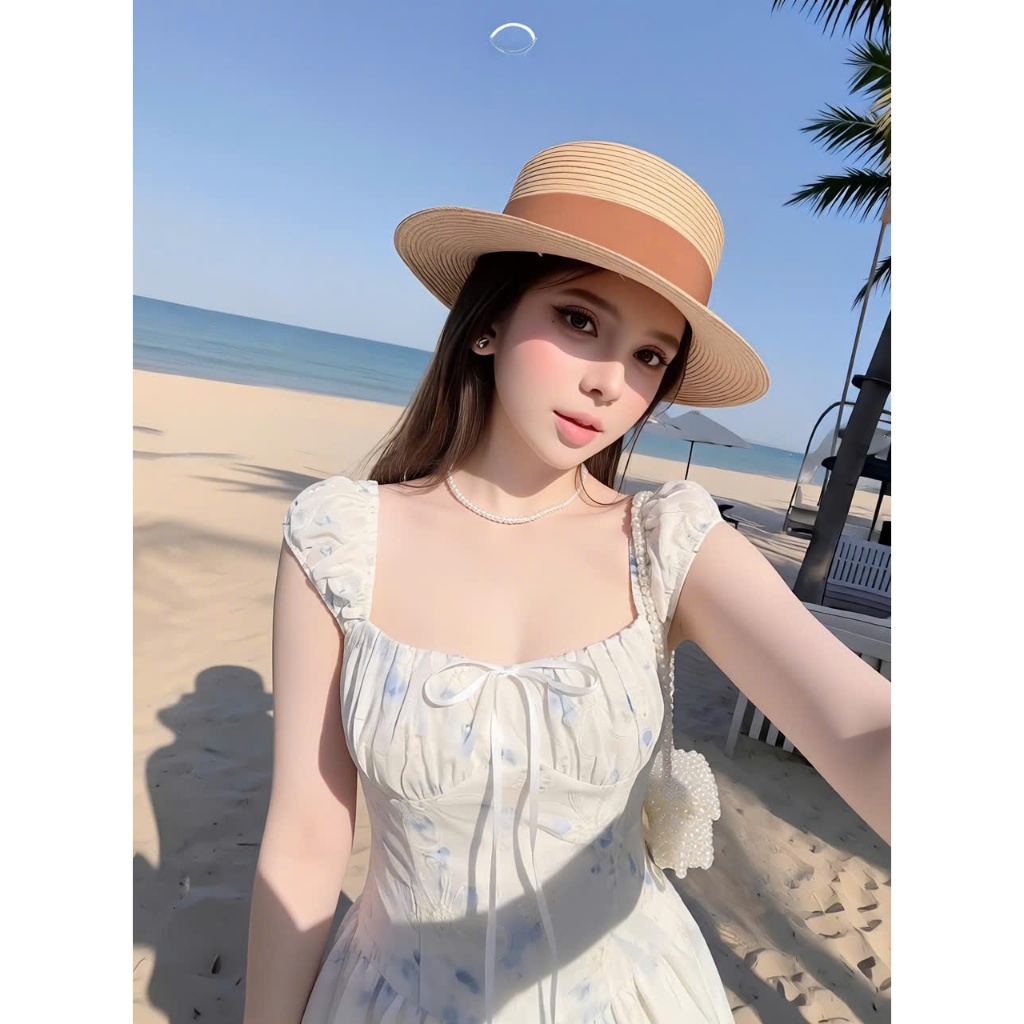 Đầm ngắn hoa xanh dáng xoè tay phồng, váy thêu hoa dáng ngắn bồng xoè chun lưng đi chơi HUM FASHION
