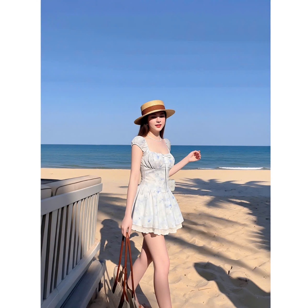 Đầm ngắn hoa xanh dáng xoè tay phồng, váy thêu hoa dáng ngắn bồng xoè chun lưng đi chơi HUM FASHION
