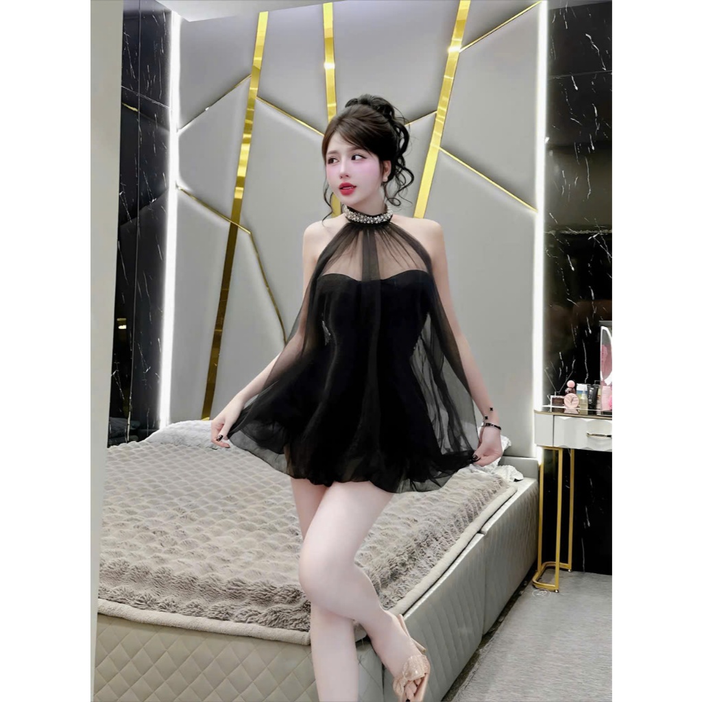 Váy đầm tiểu thư công chúa chất tơ bồng xoè xinh xắn, Váy cổ đính đá sang chảnh