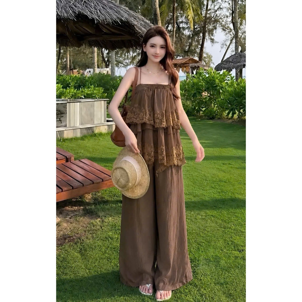 Set bộ nữ áo 2 tầng phối ren kèm quần ống suông tôn dáng, thanh lịch đi chơi dạo phố