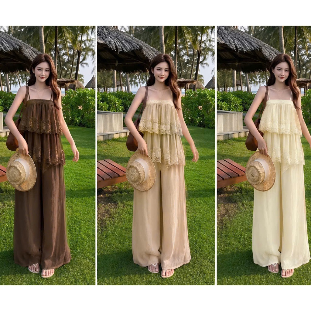 Set bộ nữ áo 2 tầng phối ren kèm quần ống suông tôn dáng, thanh lịch đi chơi dạo phố