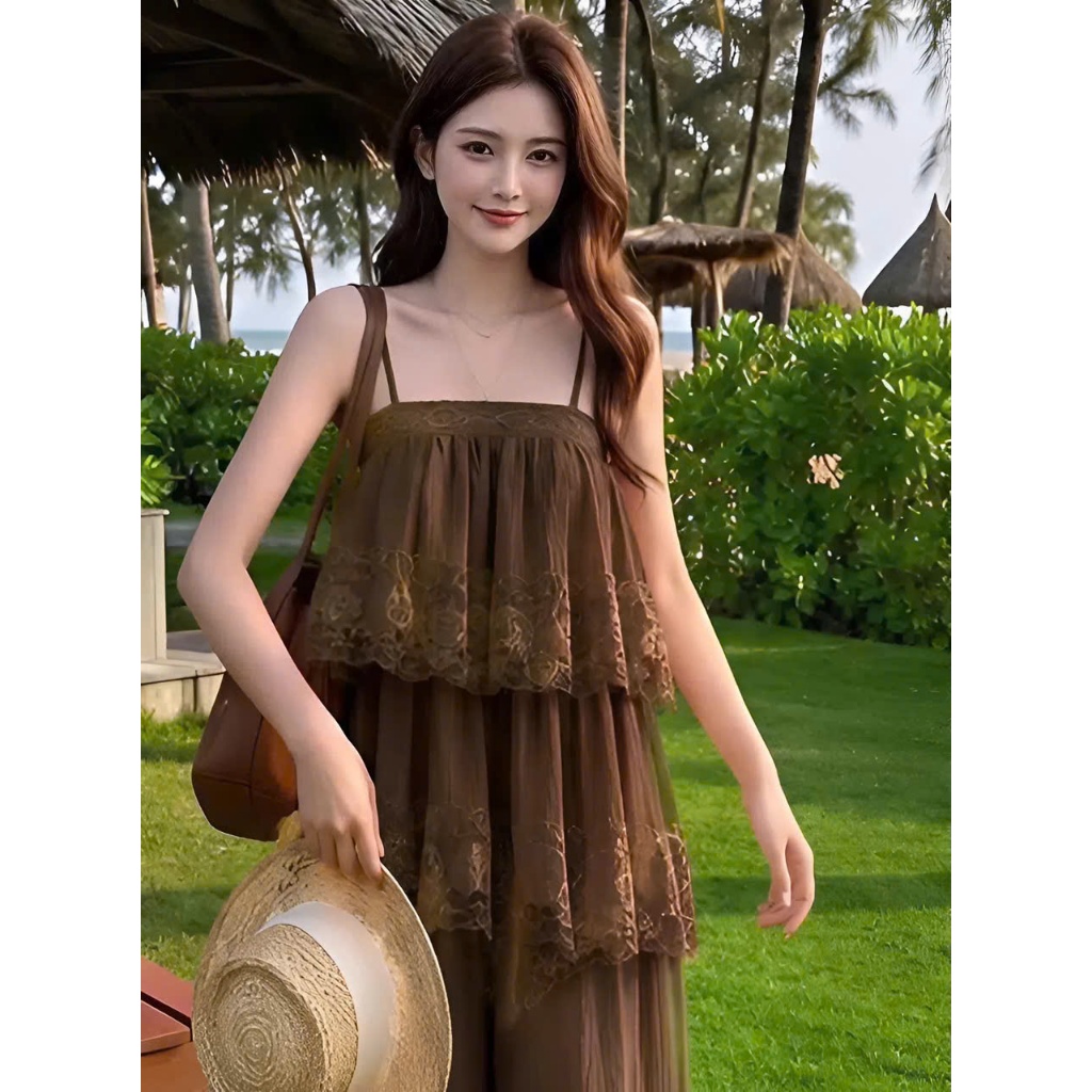 Set bộ nữ áo 2 tầng phối ren kèm quần ống suông tôn dáng, thanh lịch đi chơi dạo phố