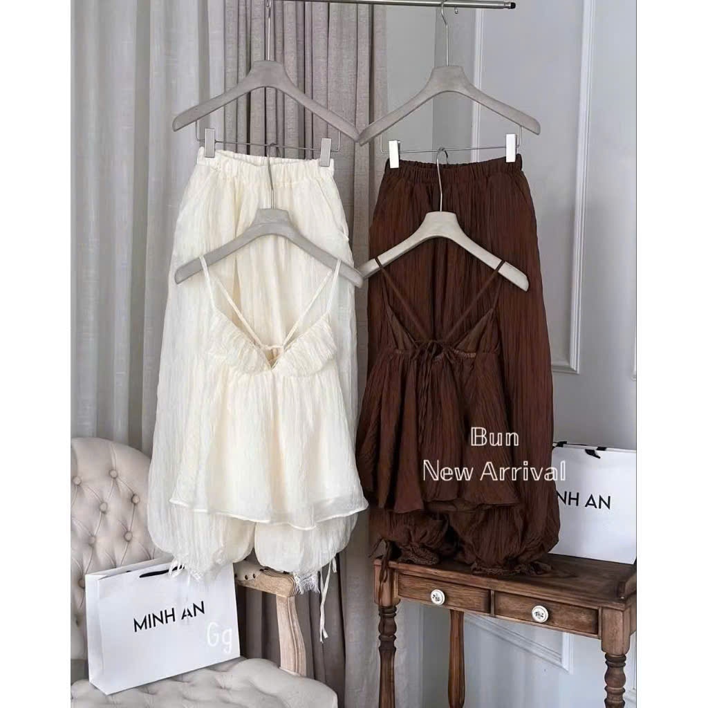 Set áo 2 dây kèm quần bo ống, set bộ áo hai dây babydoll phối ren  kèm quần dài bo gấu thắt dây voan tơ tằm Hum Fashion