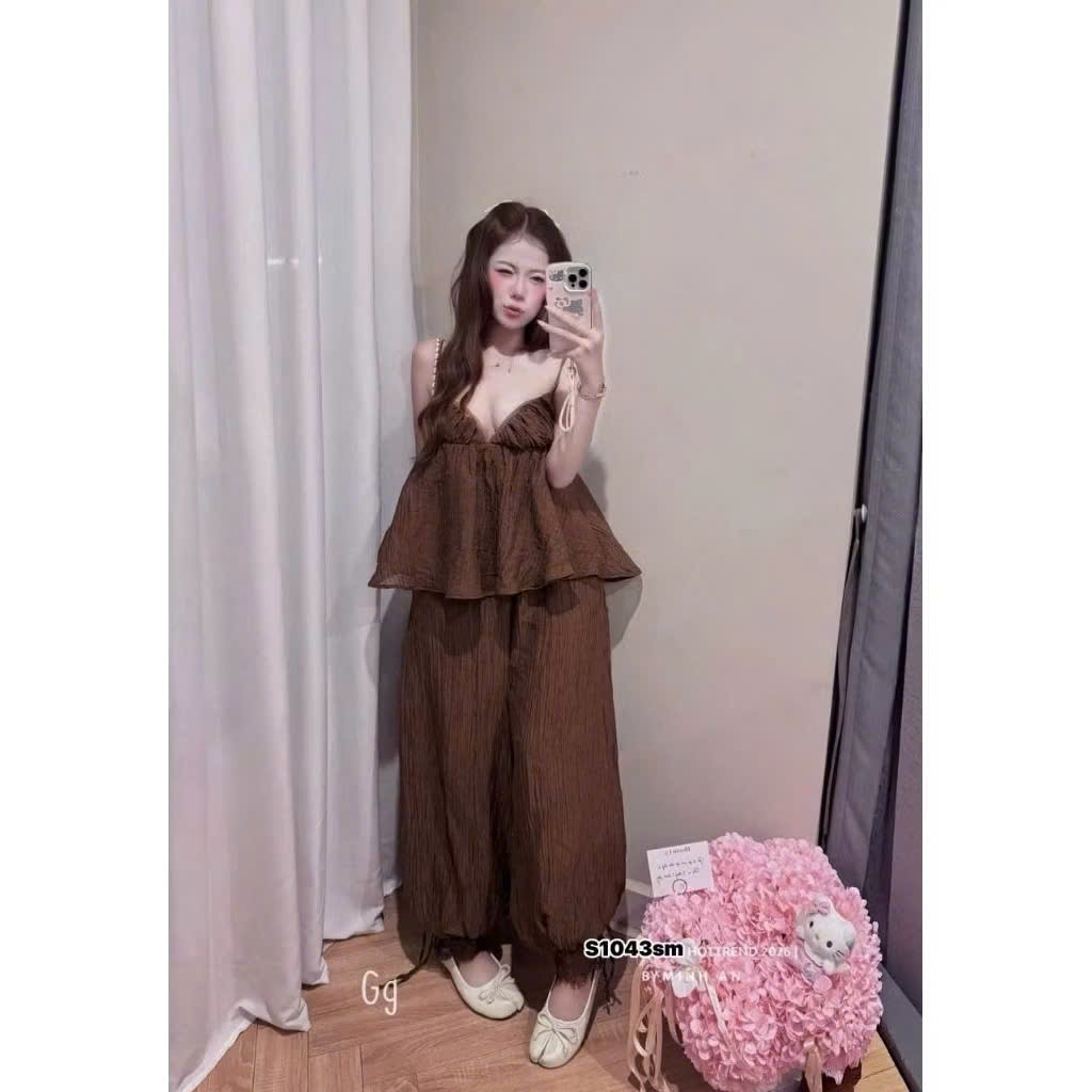 Set bộ nữ áo 2 dây bồng bềnh phối quần ống thụng cá tính, bộ nữ tiểu thư xinh xắn đi chơi