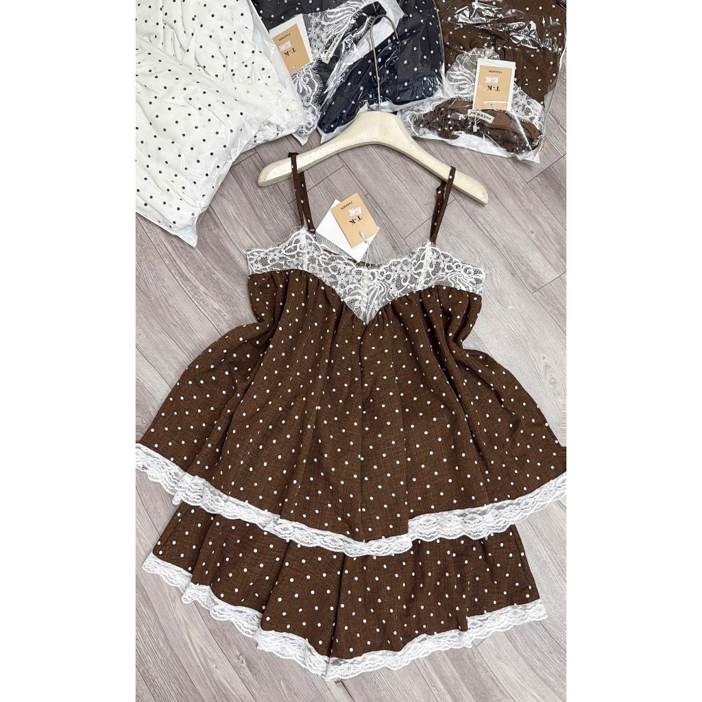 Set bộ nữ chấm bi phối ren ngực sang chảnh, bộ nữ áo 2 dây đi chơi đi dạo phố thoáng mát