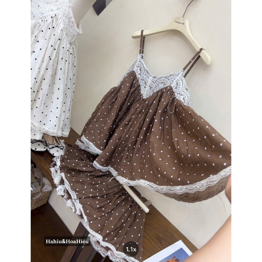 Set bộ nữ chấm bi phối ren ngực sang chảnh, bộ nữ áo 2 dây đi chơi đi dạo phố thoáng mát
