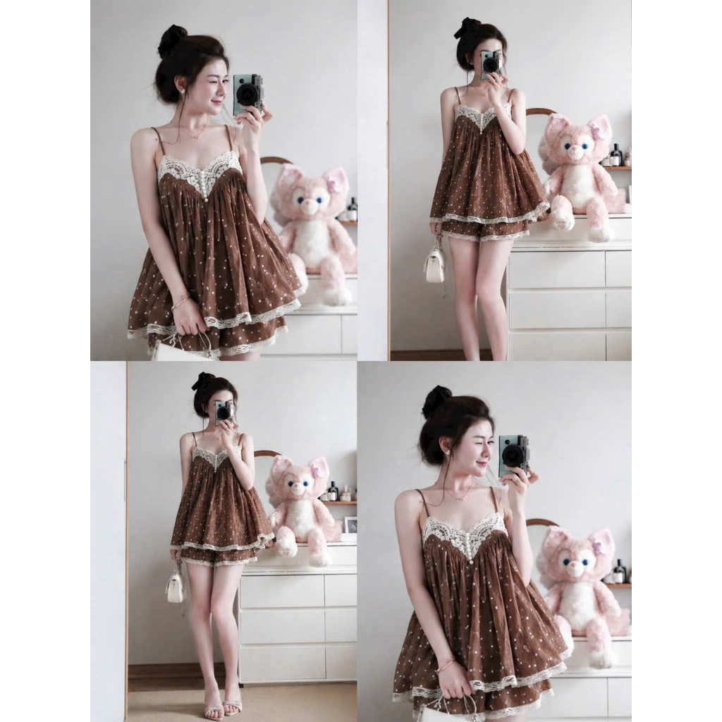 Set bộ nữ chấm bi phối ren ngực sang chảnh, bộ nữ áo 2 dây đi chơi đi dạo phố thoáng mát