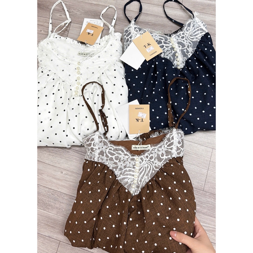 Set bộ nữ chấm bi phối ren ngực sang chảnh, bộ nữ áo 2 dây đi chơi đi dạo phố thoáng mát