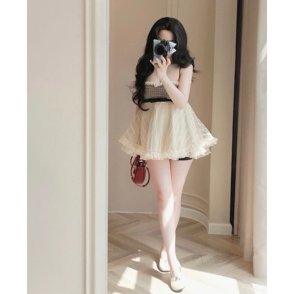 Sét Đồ nữ Áo 2 dây dáng xòe phối bèo xinh, áo hai dây babydoll phối cúp ngực kẻ caro  tiểu thư Hum Fashion Kèm Quần Shor