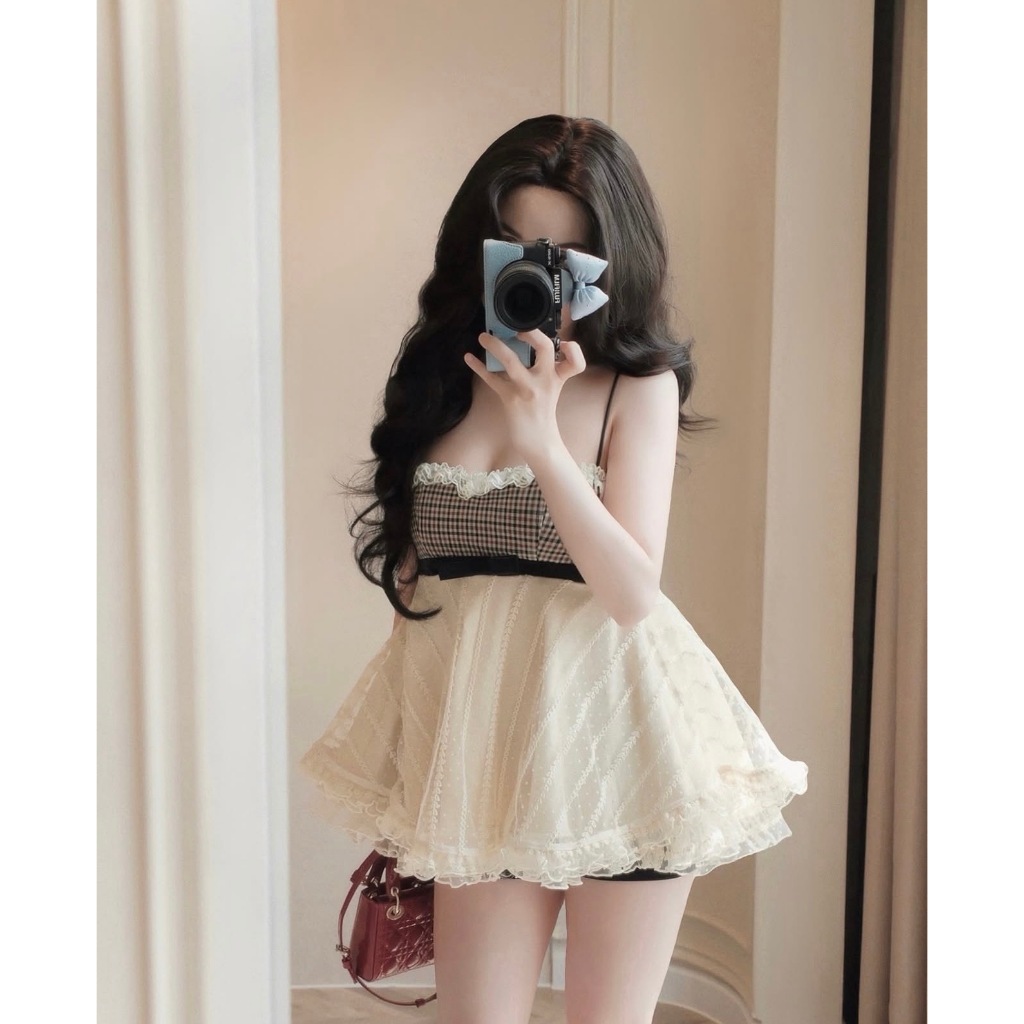 Sét Đồ nữ Áo 2 dây dáng xòe phối bèo xinh, áo hai dây babydoll phối cúp ngực kẻ caro  tiểu thư Hum Fashion Kèm Quần Shor