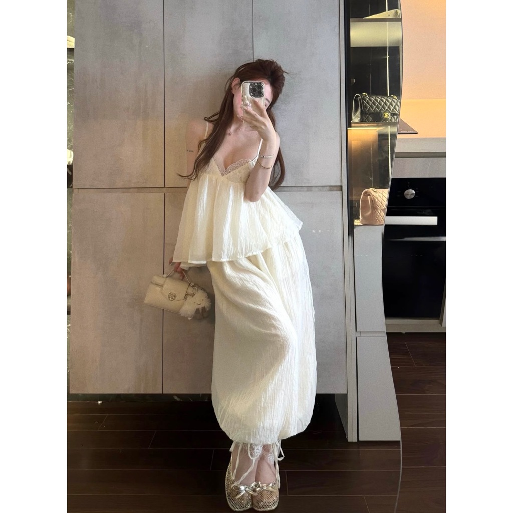 Set áo 2 dây kèm quần bo ống, set bộ áo hai dây babydoll phối ren  kèm quần dài bo gấu thắt dây voan tơ tằm Hum Fashion