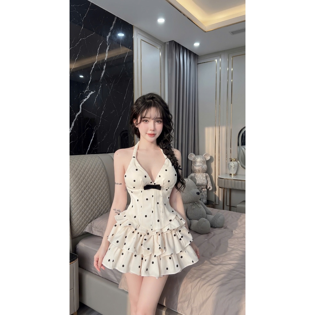 Váy 2 dây cúp ngực 3 tầng chấm bi, đầm hai dây cổ V chiết eo corset xòe tầng gắn nơ tiểu thư  Hum Fashion