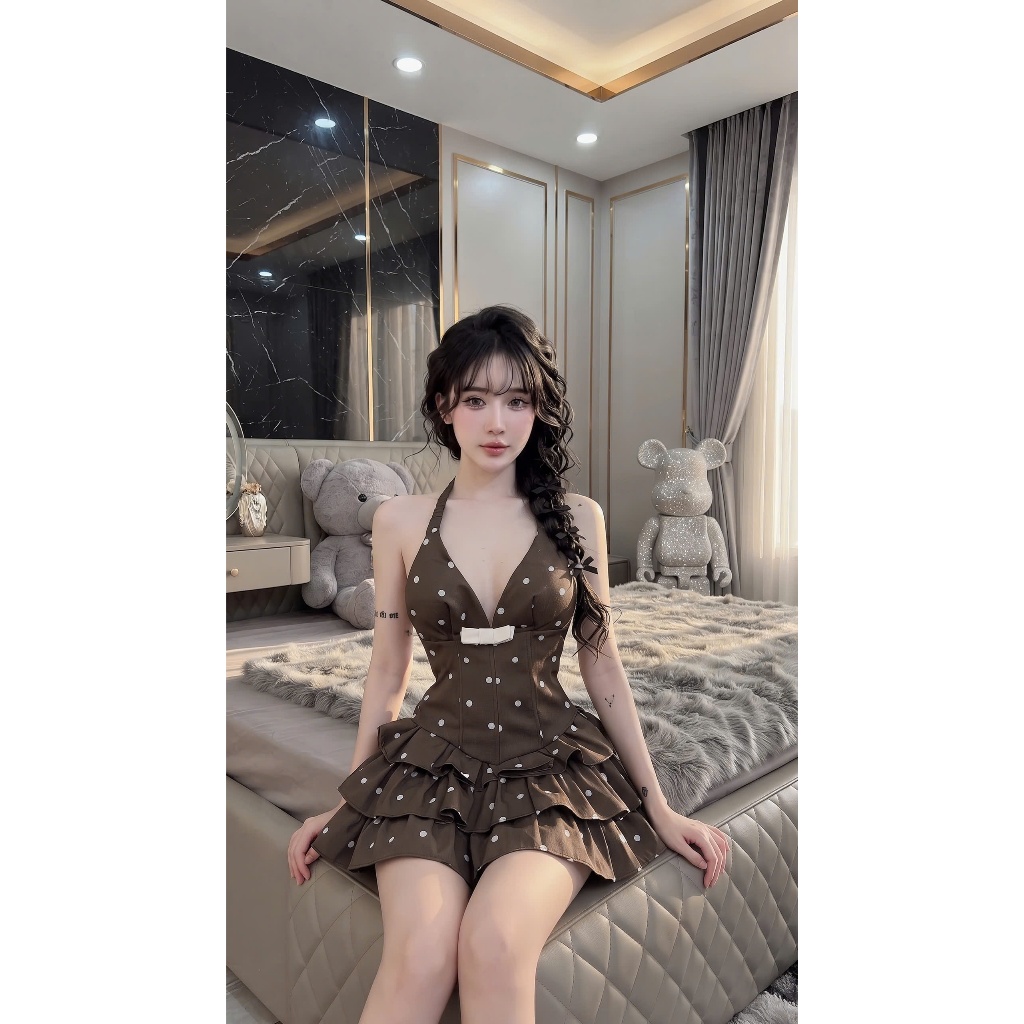 Váy 2 dây cúp ngực 3 tầng chấm bi, đầm hai dây cổ V chiết eo corset xòe tầng gắn nơ tiểu thư  Hum Fashion