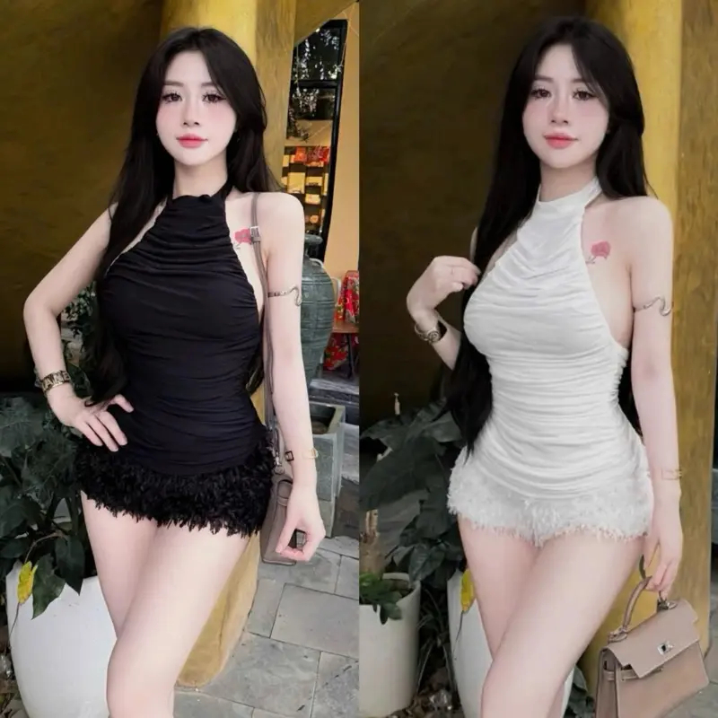 Set áo yếm lưới dây lưng phối quần short lông vũ chuẩn form tôn dáng trẻ trung
