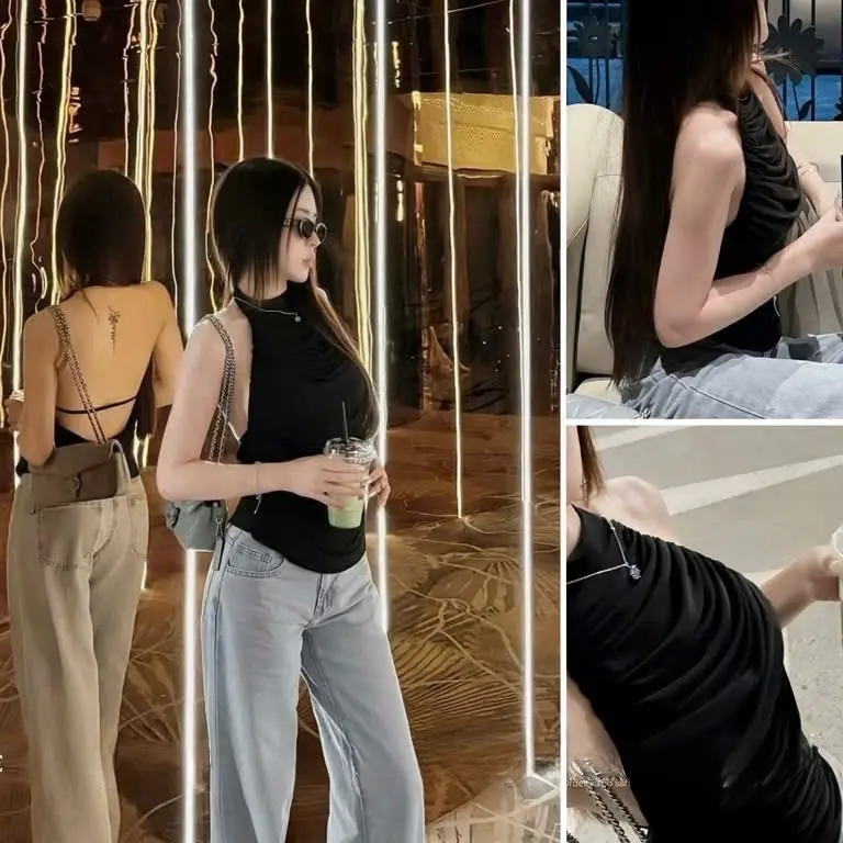 Set áo yếm lưới dây lưng phối quần short lông vũ chuẩn form tôn dáng trẻ trung