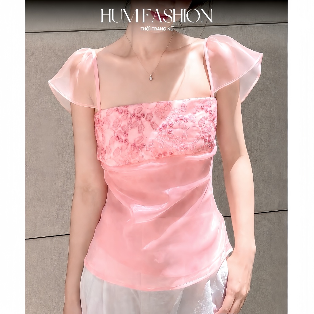 Áo kiểu 2 dây voan tơ thêu hoa dáng xòe màu hồng tiểu thư Hum Fashion